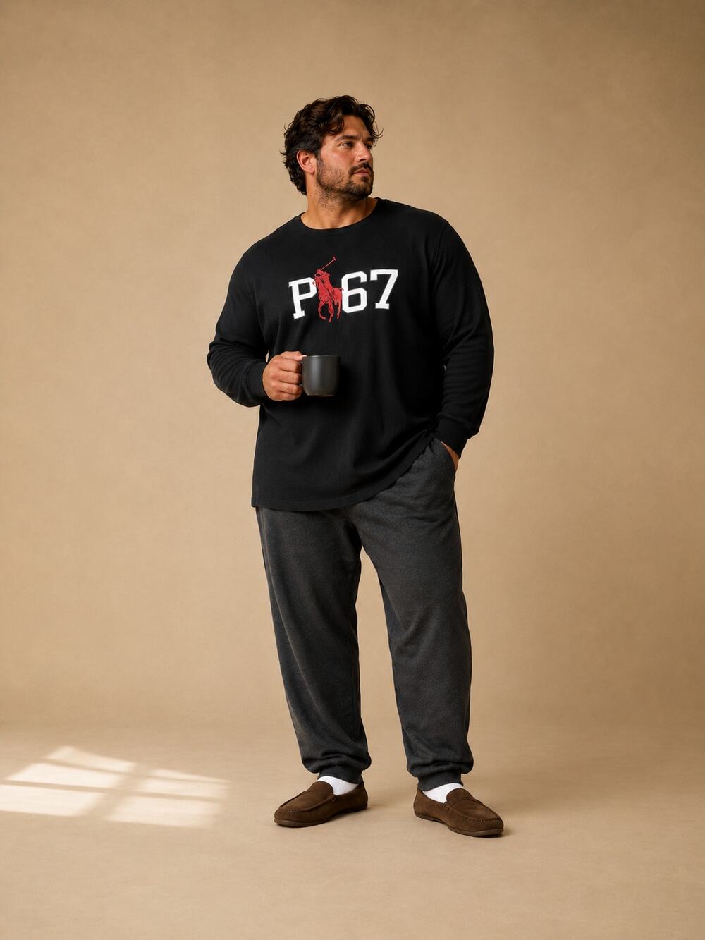 Polo Sleep Shirt Thermal  Black 2XLT Big Tall Waffle Knit
